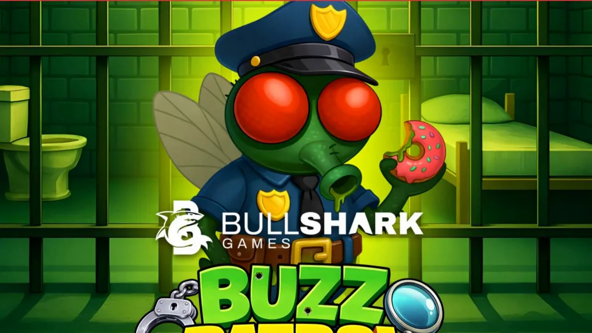 Interface do jogo de slot Buzz Patrol com personagens de moscas policiais